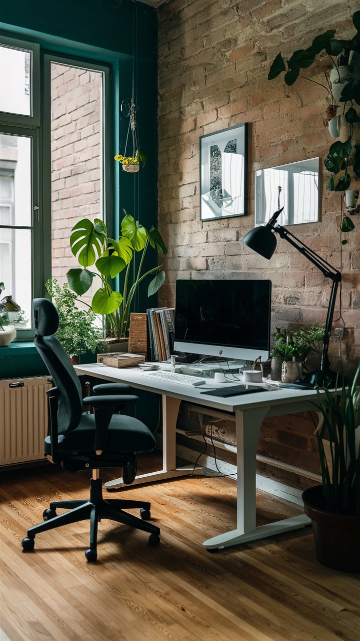 Ein ergonomischer Arbeitsplatz mit höhenverstellbarem Schreibtisch, ergonomischem Stuhl und Zimmerpflanzen für ein gesundes Arbeitsumfeld.