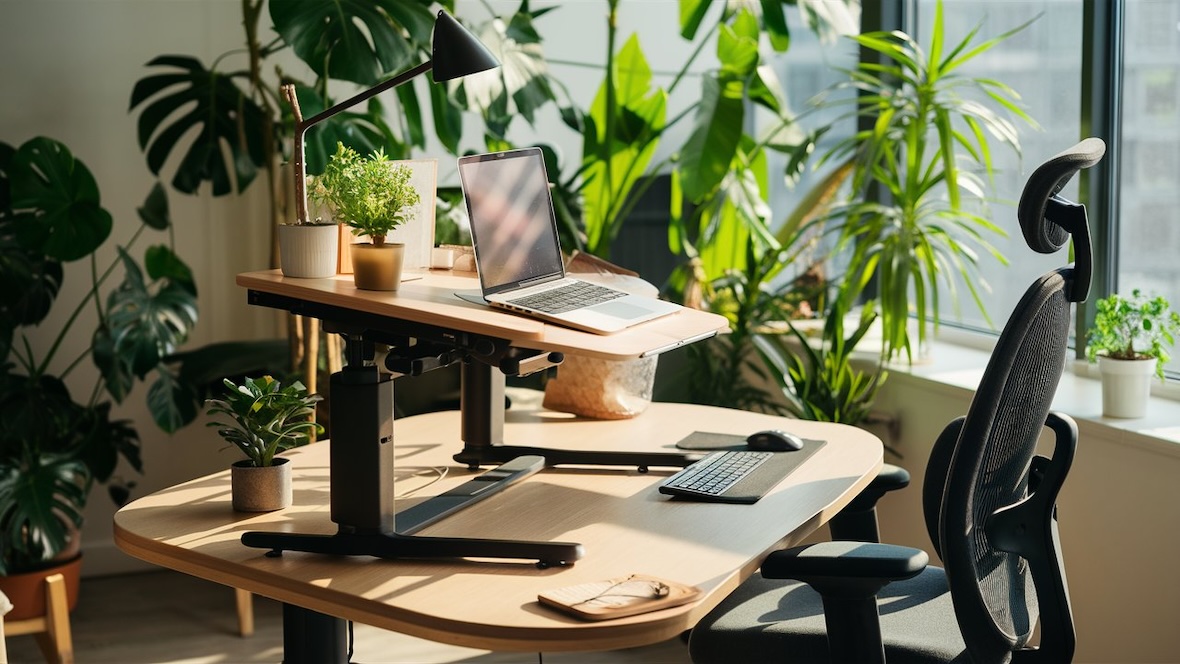 A photo of a modern, ergonomic workspace featuring an adjustable standing desk, a comfortable ergonomic chair, and various indoor  plants