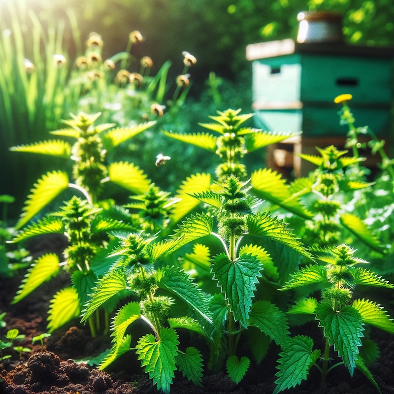 Taubnesseln in einem grünen Gartenbeet mit einem Bienenstock im Hintergrund.